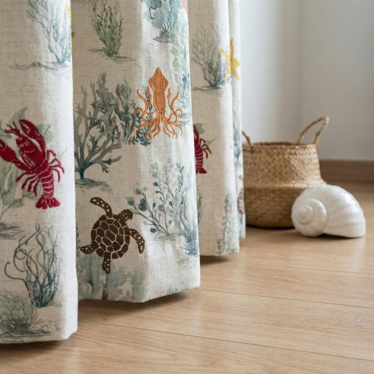Embroidered Linen Nursery Curtains, Ocean Toile Sea Life Drapes — image 6
