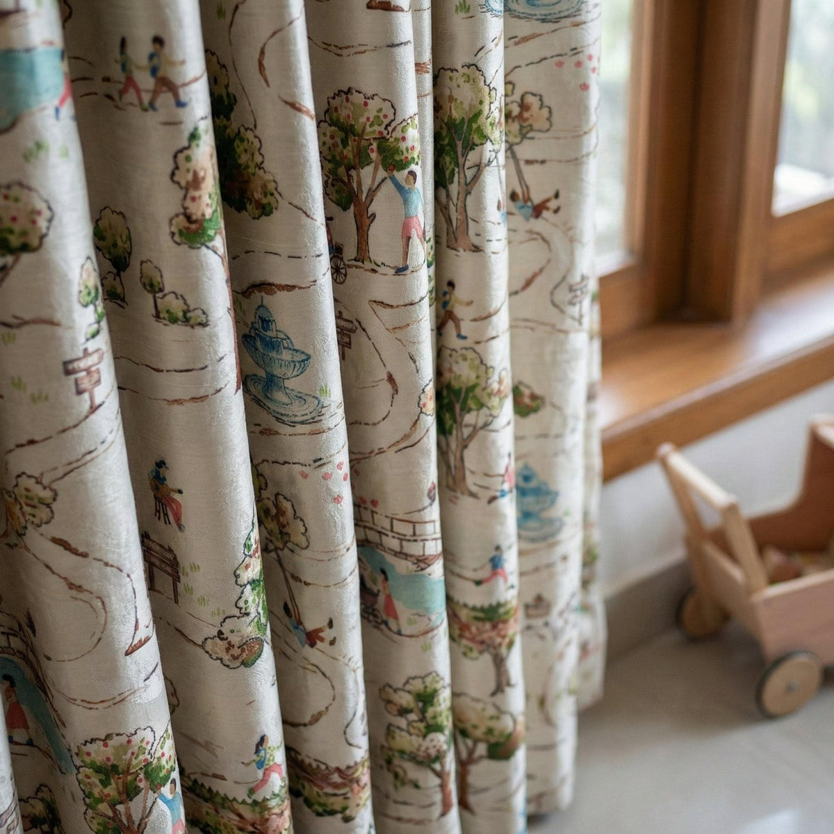 Storybook Park Silk Linen Nursery Curtains, Watercolor Map Drapes — image 8