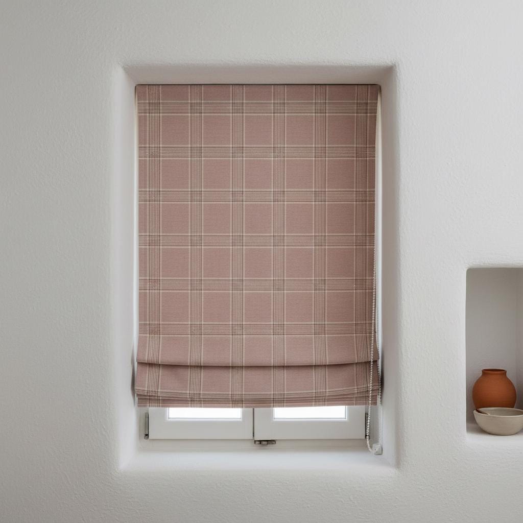 Mauve Blush Plaid Linen Roman Shade, Custom Corded Farmhouse Window (Light Filtering or Blackout) — image 1