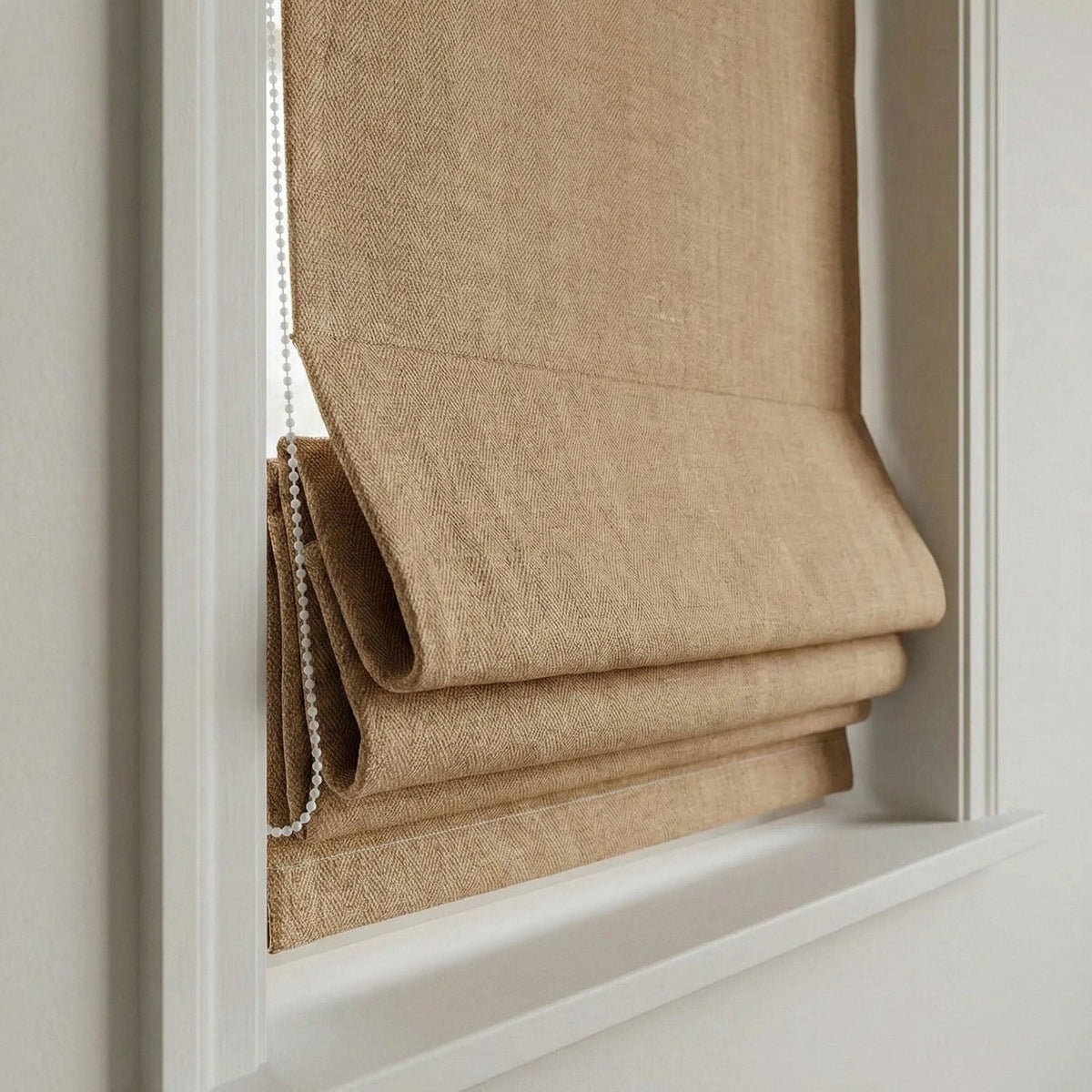 Linen Roman Shade, Beige Herringbone, Custom Corded Blind, OEKO-TEX — image 2