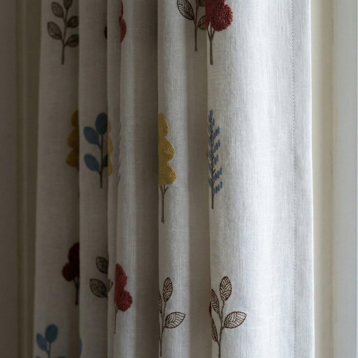 Linen Nursery Curtains, White Embroidered Woodland Tree Drapes — image 6