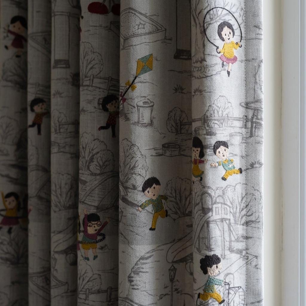 Linen Nursery Curtains, Embroidered Playground Kids Design, Grey Drapes — image 1