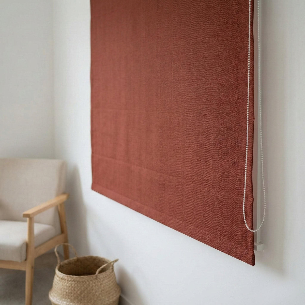 Brick Red Herringbone Linen Roman Shade, Custom Corded Window Blind — image 8