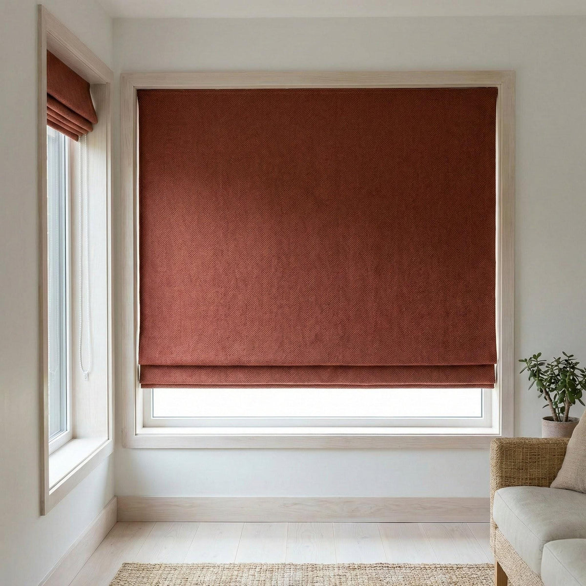 Brick Red Herringbone Linen Roman Shade, Custom Corded Window Blind — image 4
