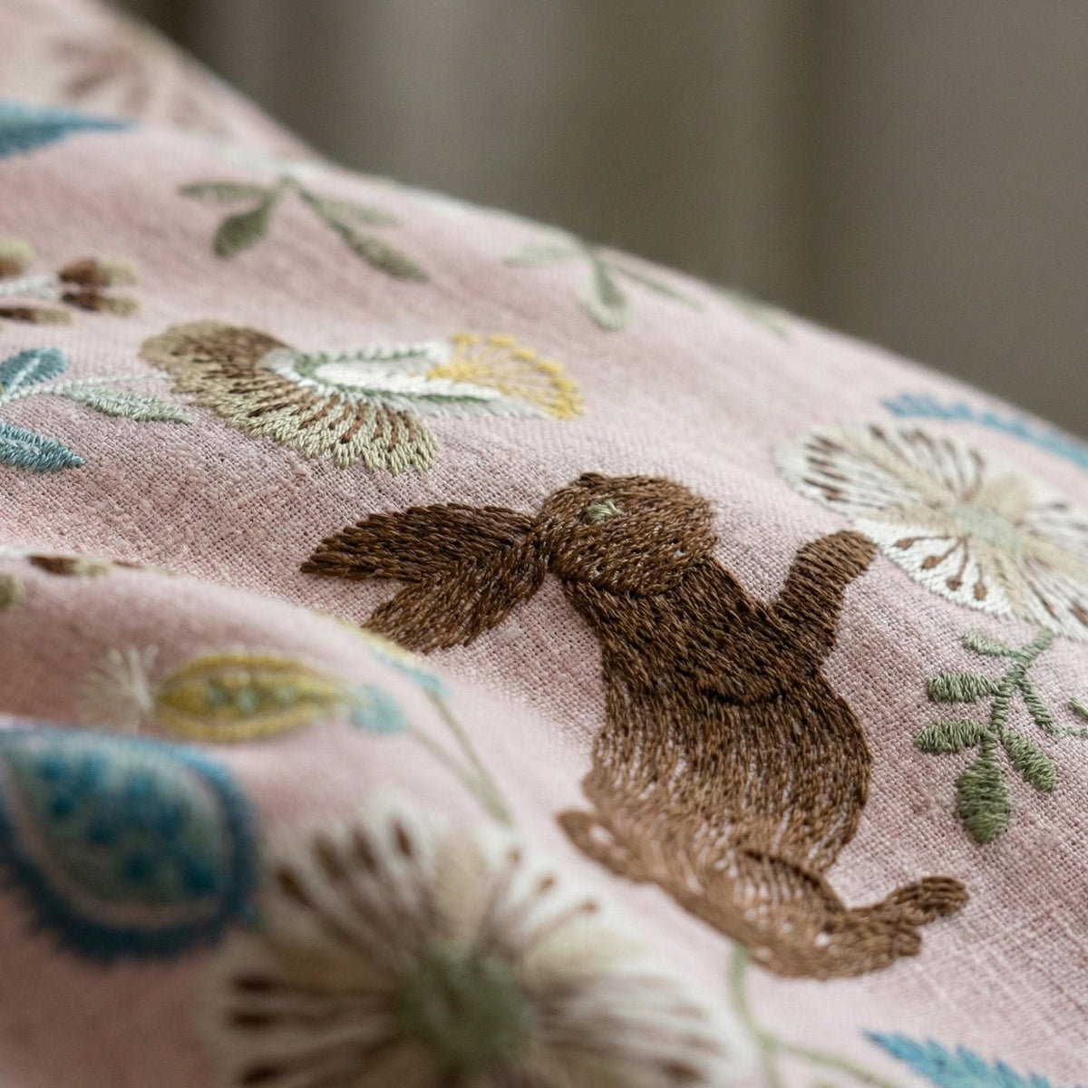 Pink Linen Nursery Curtains, Embroidered Bunny Floral Drapes — image 2