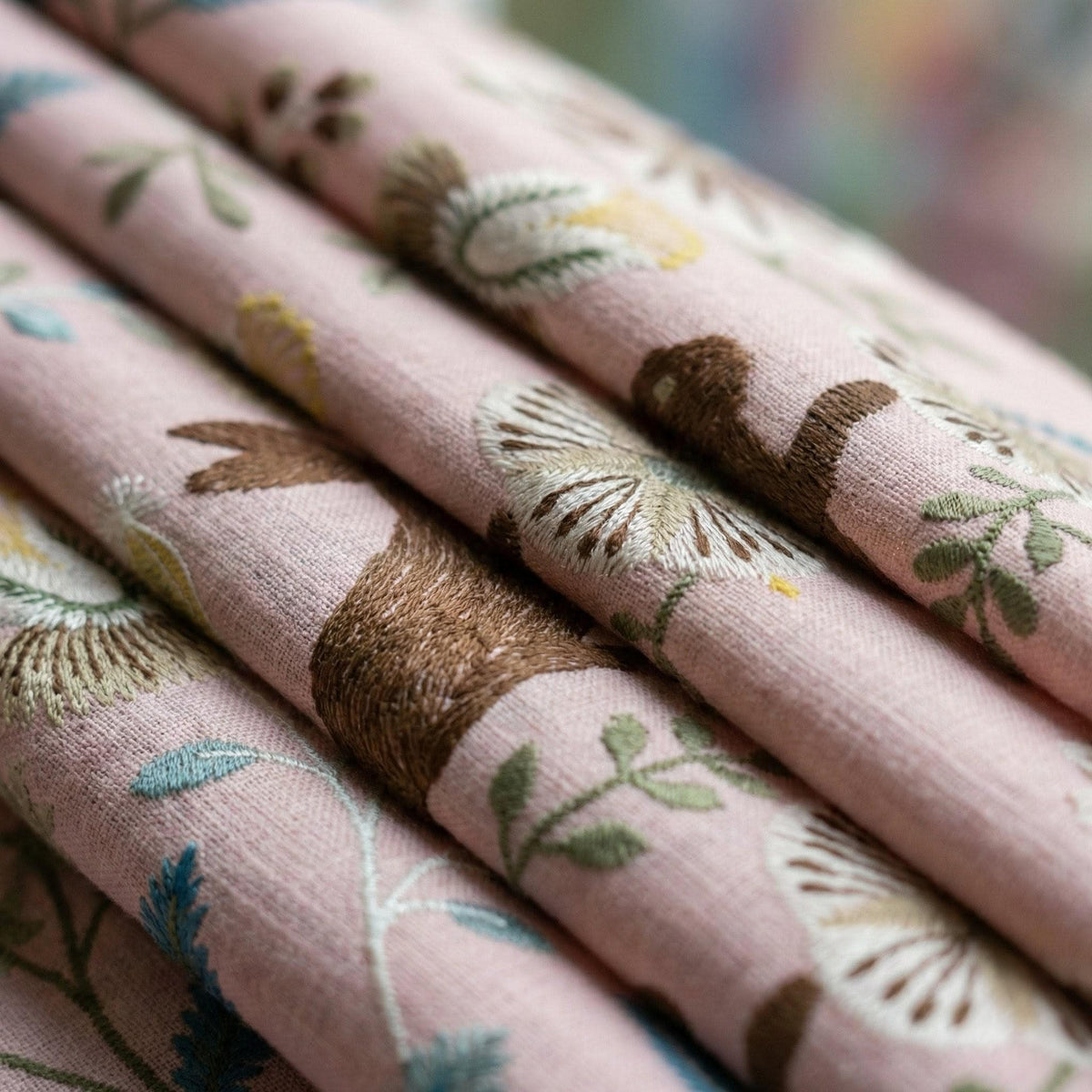 Pink Linen Nursery Curtains, Embroidered Bunny Floral Drapes — image 8