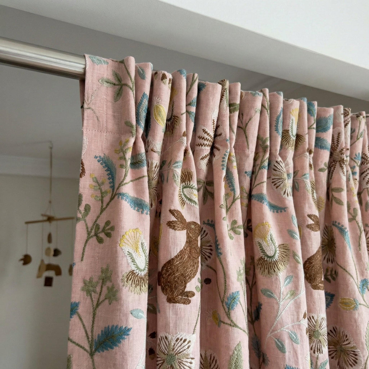 Pink Linen Nursery Curtains, Embroidered Bunny Floral Drapes — image 3