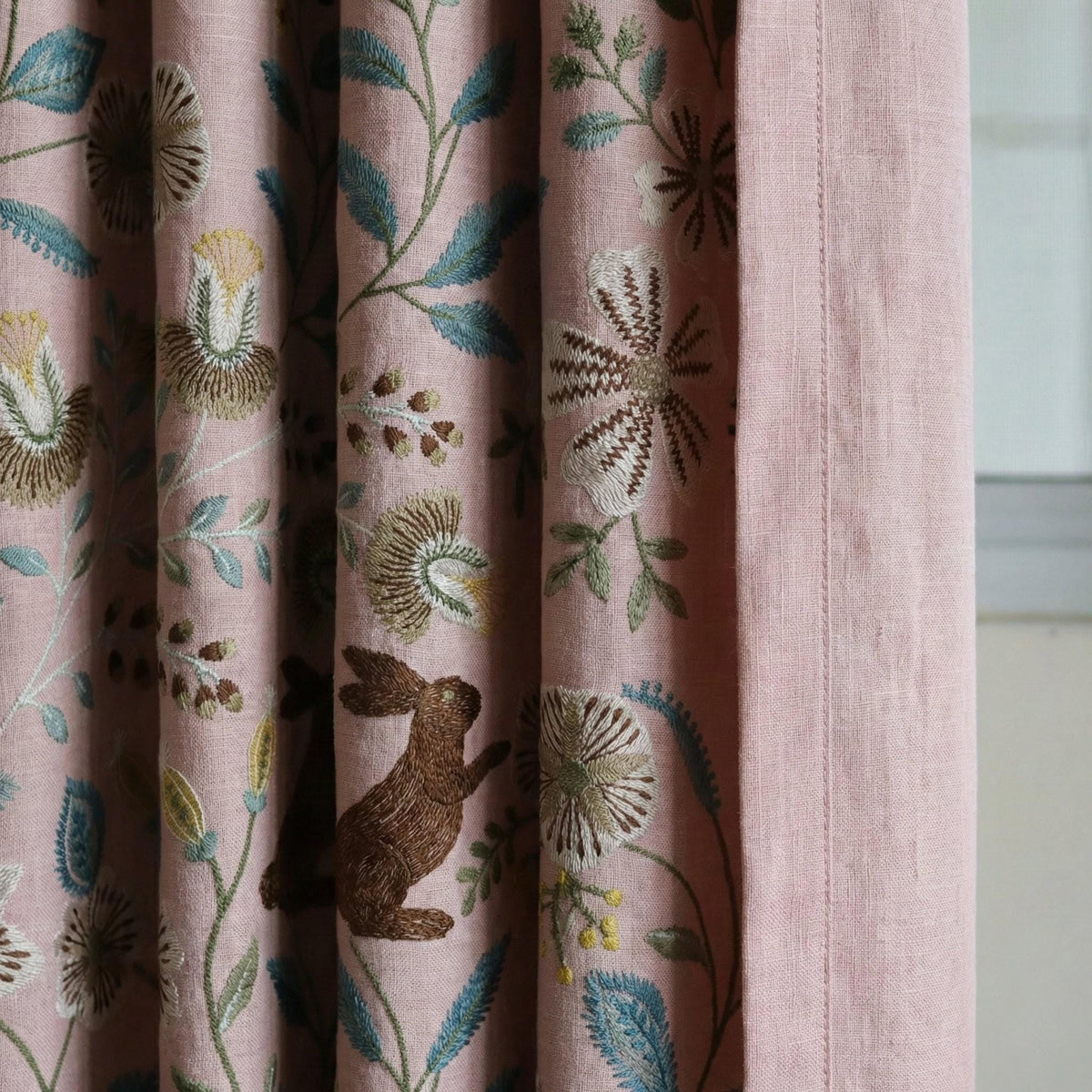 Pink Linen Nursery Curtains, Embroidered Bunny Floral Drapes — image 10