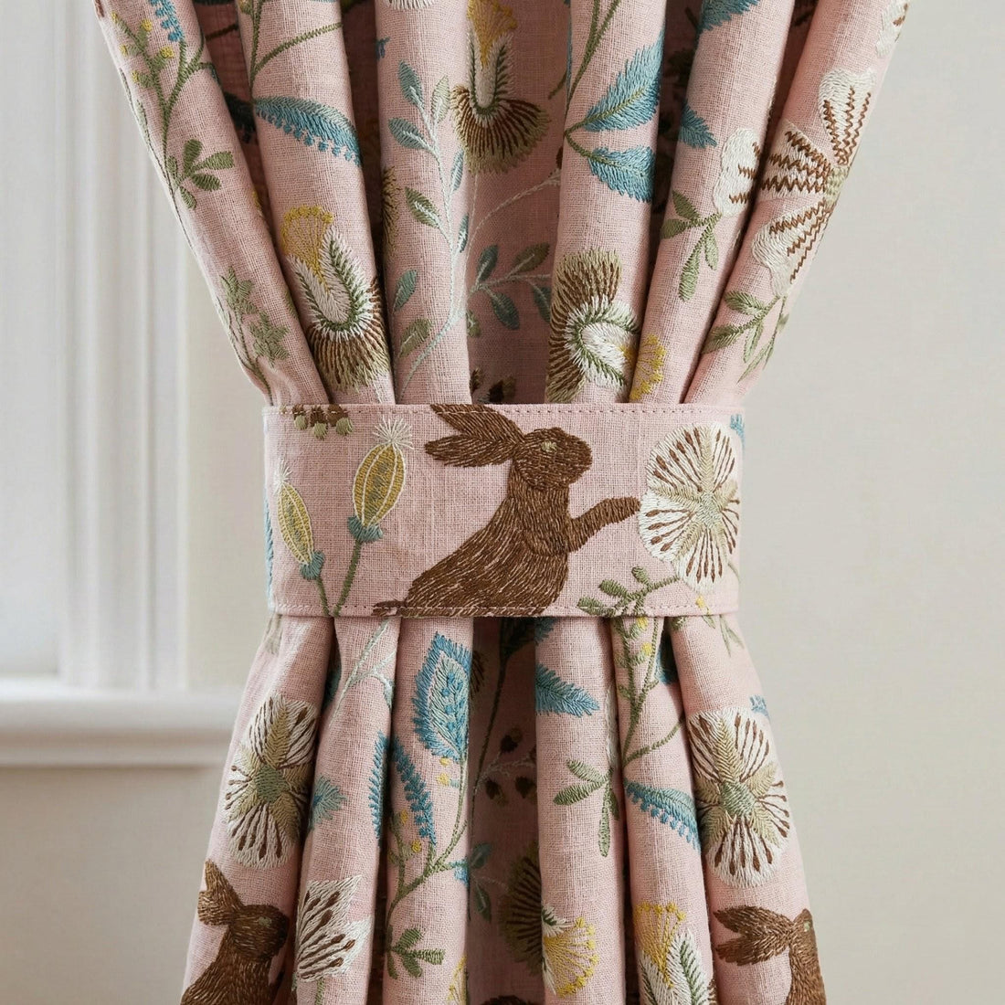 Pink Linen Nursery Curtains, Embroidered Bunny Floral Drapes — image 1