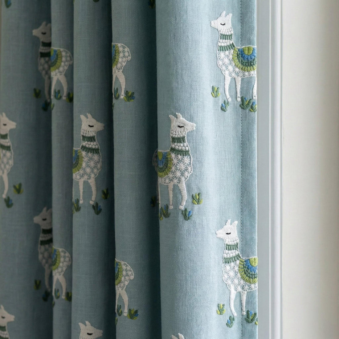 Llama Embroidered Linen Nursery Curtains, Dusty Aqua Blue — image 1