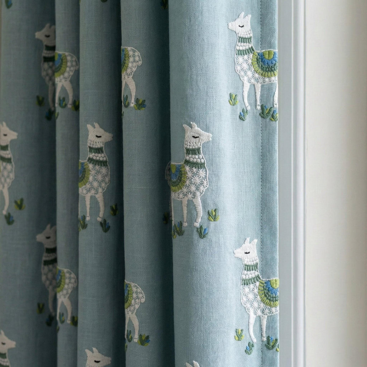 Llama Embroidered Linen Nursery Curtains, Dusty Aqua Blue — image 1