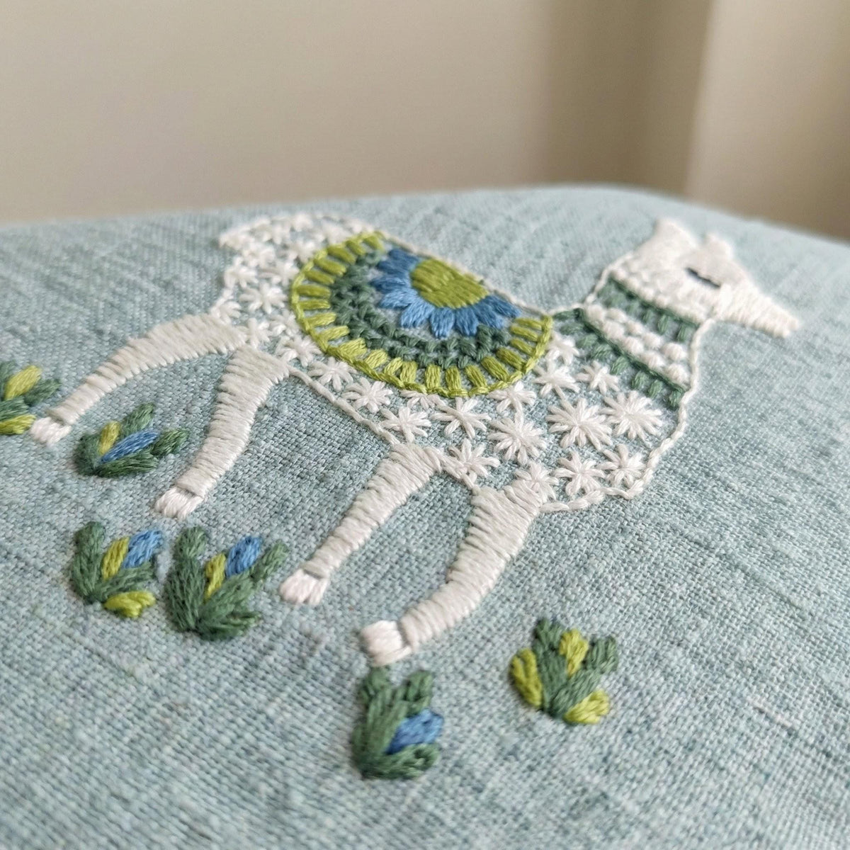 Llama Embroidered Linen Nursery Curtains, Dusty Aqua Blue — image 2