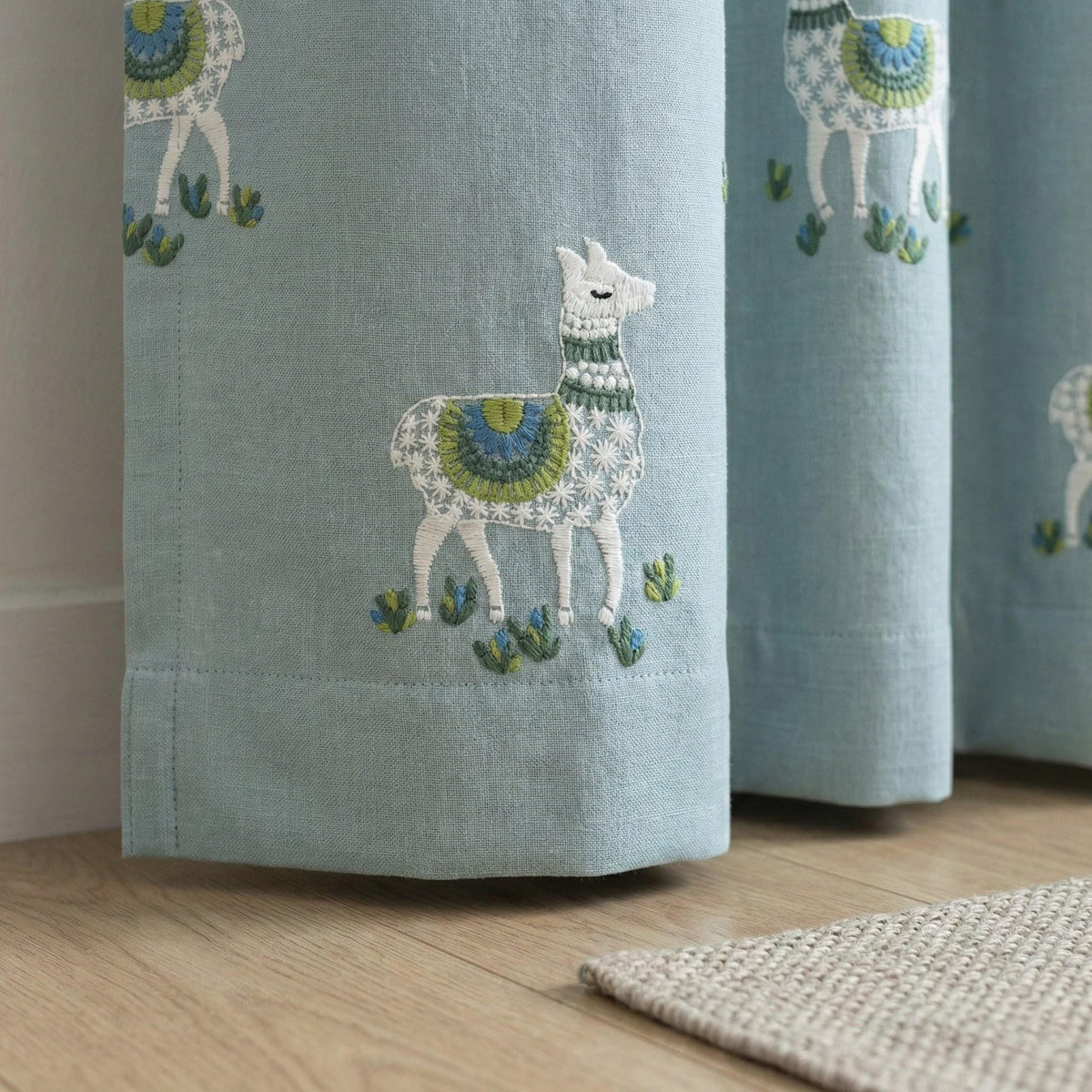 Llama Embroidered Linen Nursery Curtains, Dusty Aqua Blue — image 3