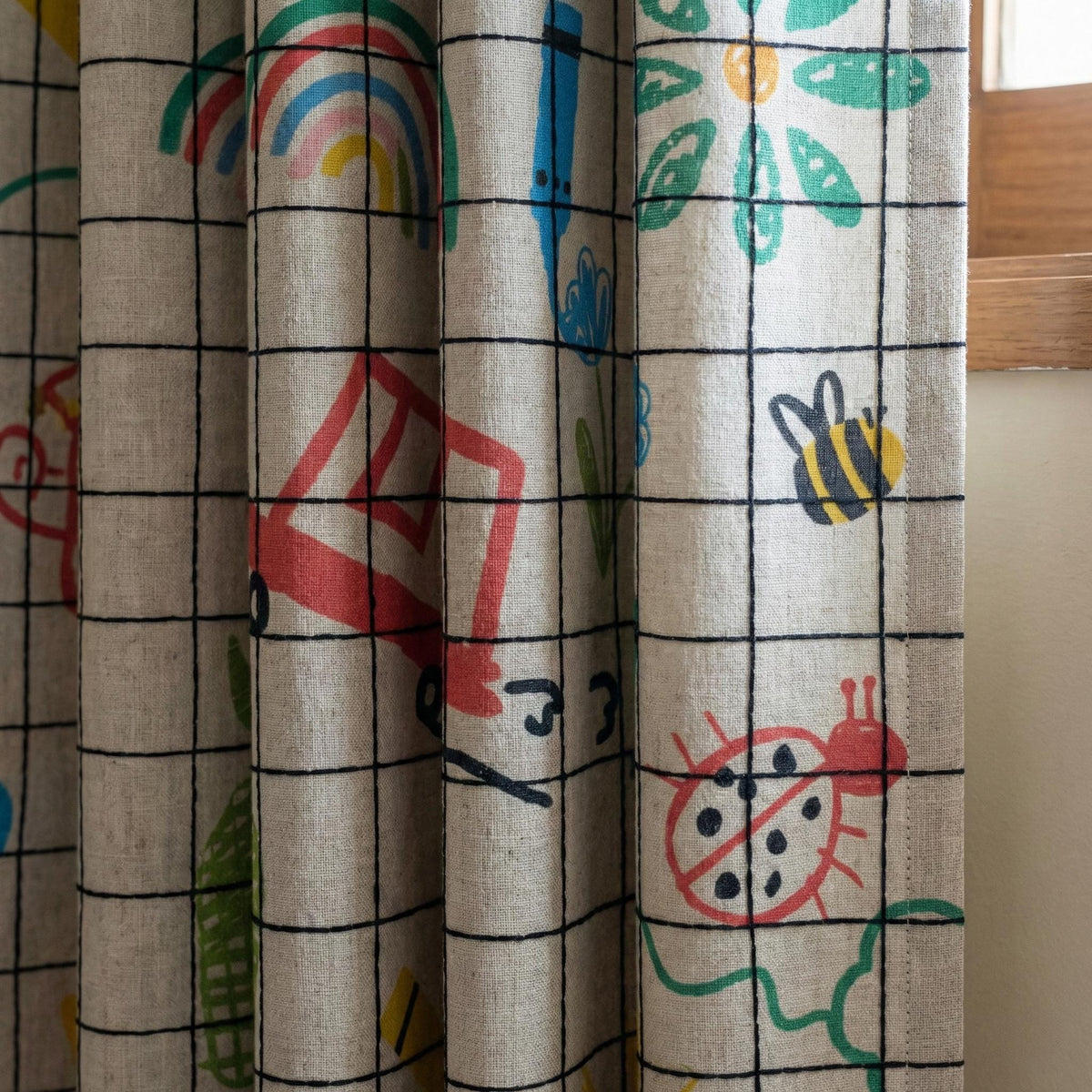 Sketch Grid Linen Nursery Curtains, Rainbow Bee Ladybug Print — image 1