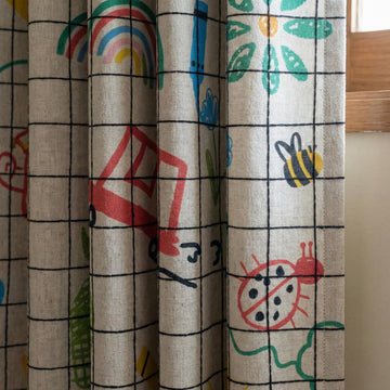 Sketch Grid Linen Nursery Curtains, Rainbow Bee Ladybug Print — image 1