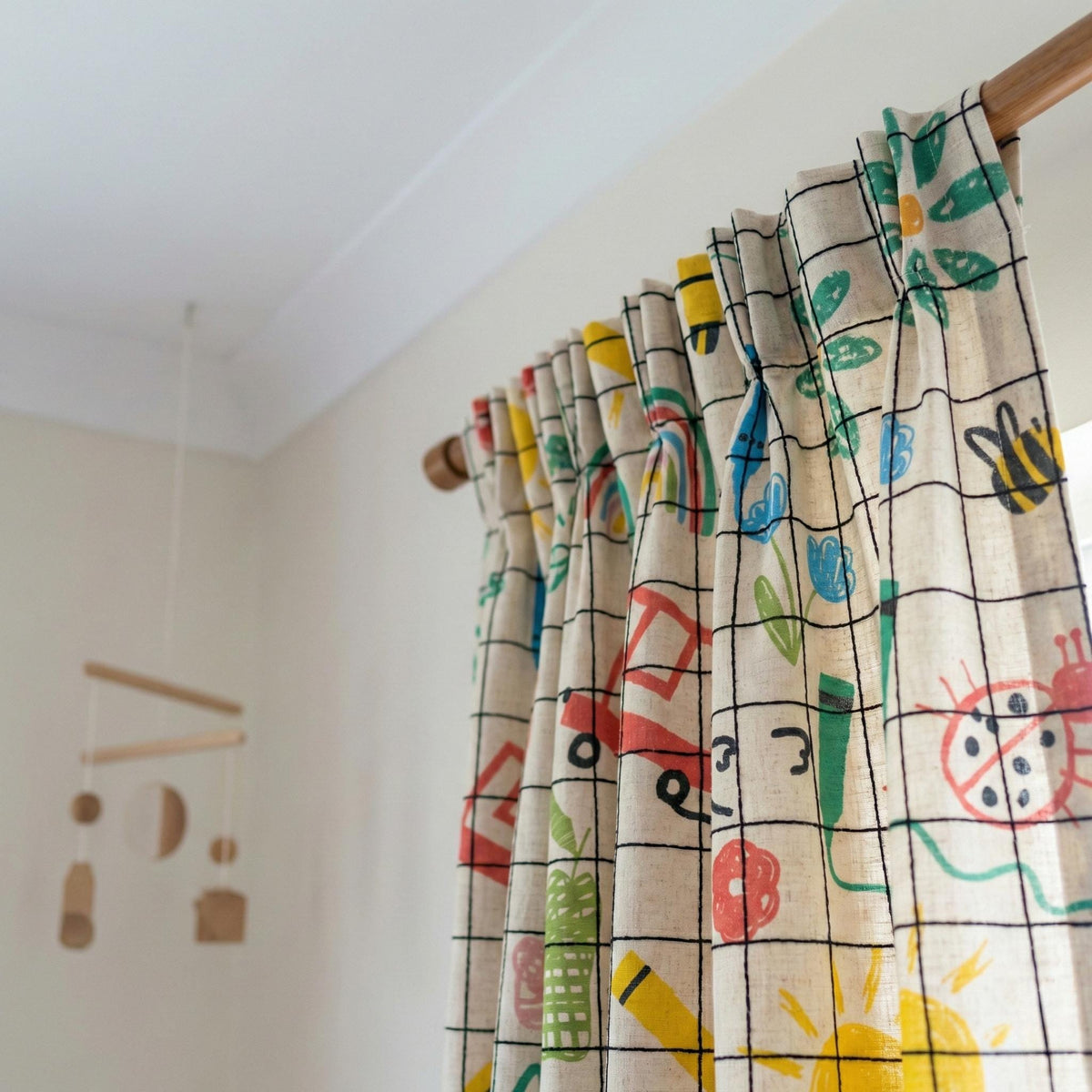 Sketch Grid Linen Nursery Curtains, Rainbow Bee Ladybug Print — image 9