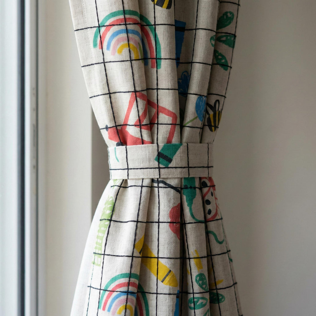 Sketch Grid Linen Nursery Curtains, Rainbow Bee Ladybug Print — image 1