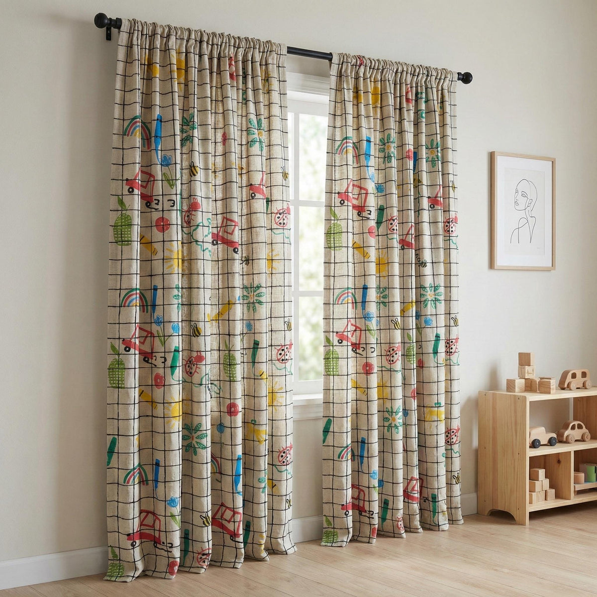 Sketch Grid Linen Nursery Curtains, Rainbow Bee Ladybug Print — image 8