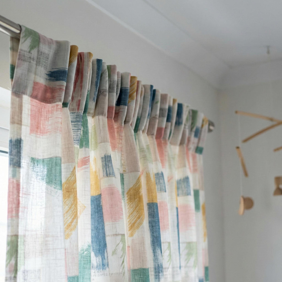 White Linen Sheer Curtains, Brushstroke Patchwork Print, Nursery Decor — image 3