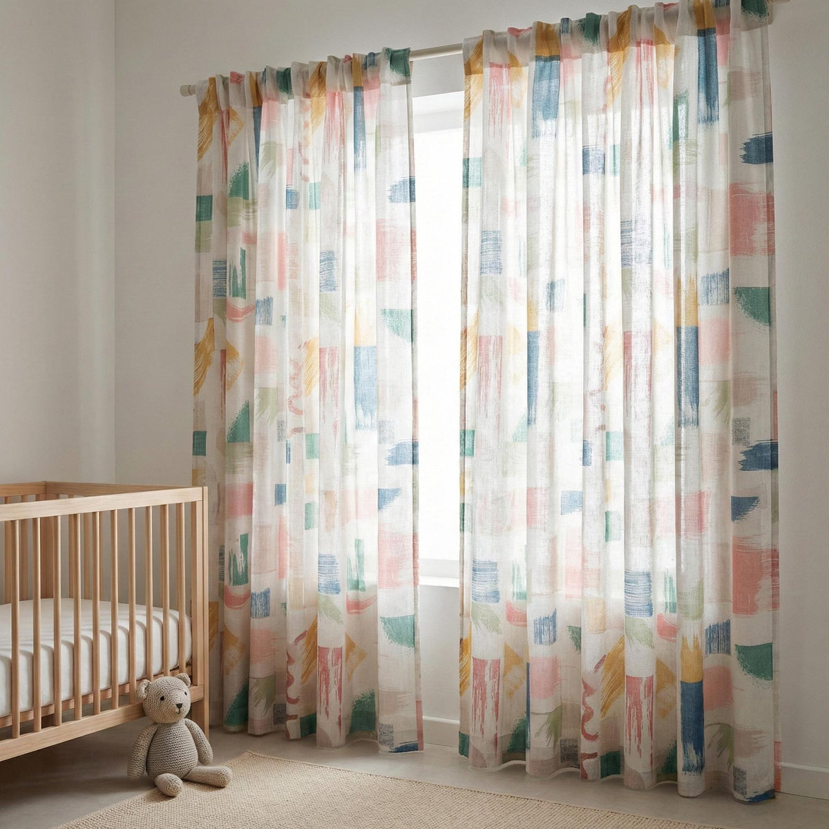 White Linen Sheer Curtains, Brushstroke Patchwork Print, Nursery Decor — image 5