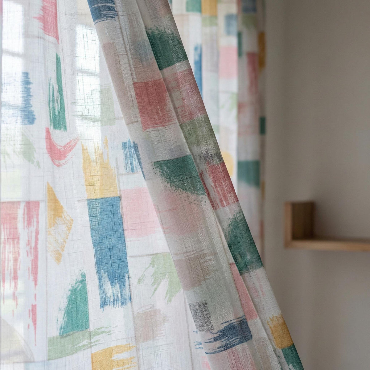White Linen Sheer Curtains, Brushstroke Patchwork Print, Nursery Decor — image 1