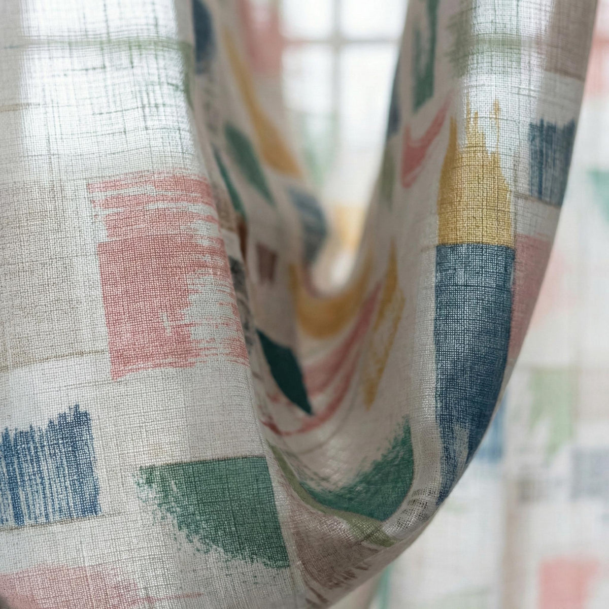 White Linen Sheer Curtains, Brushstroke Patchwork Print, Nursery Decor — image 7