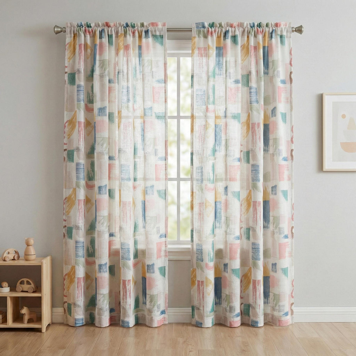 White Linen Sheer Curtains, Brushstroke Patchwork Print, Nursery Decor — image 8