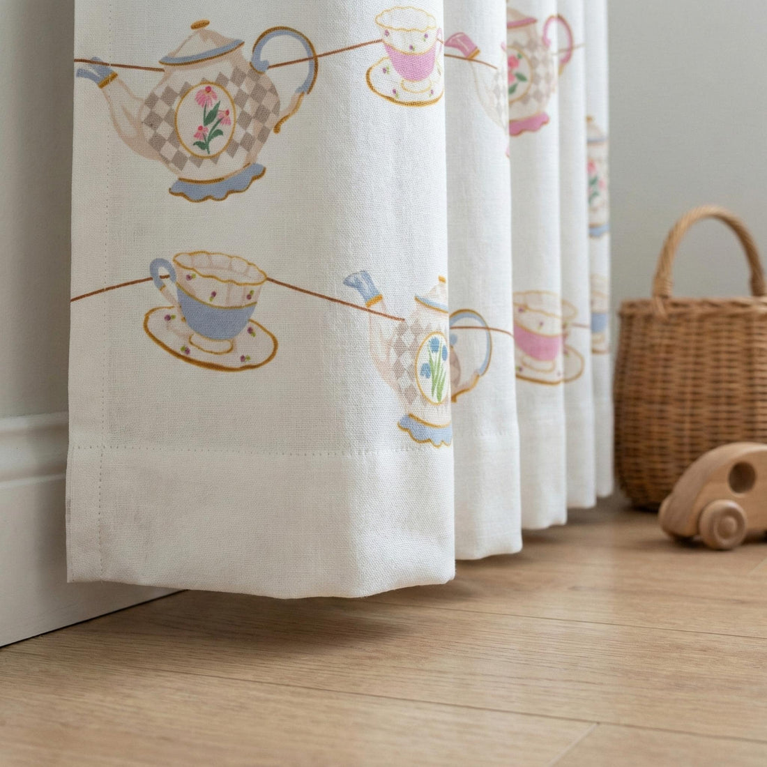 Linen Nursery Curtains, Tea Party Teapot Print, Vintage Pastel Decor, Custom Size — image 1