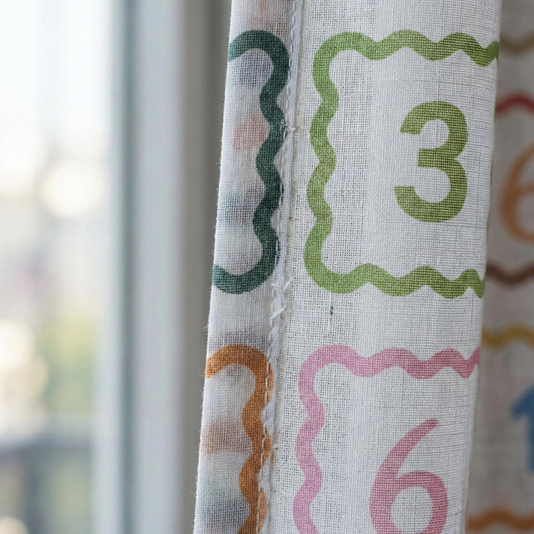 Numbers Print Linen Nursery Curtains, Scallop Frames, Custom Size — image 1