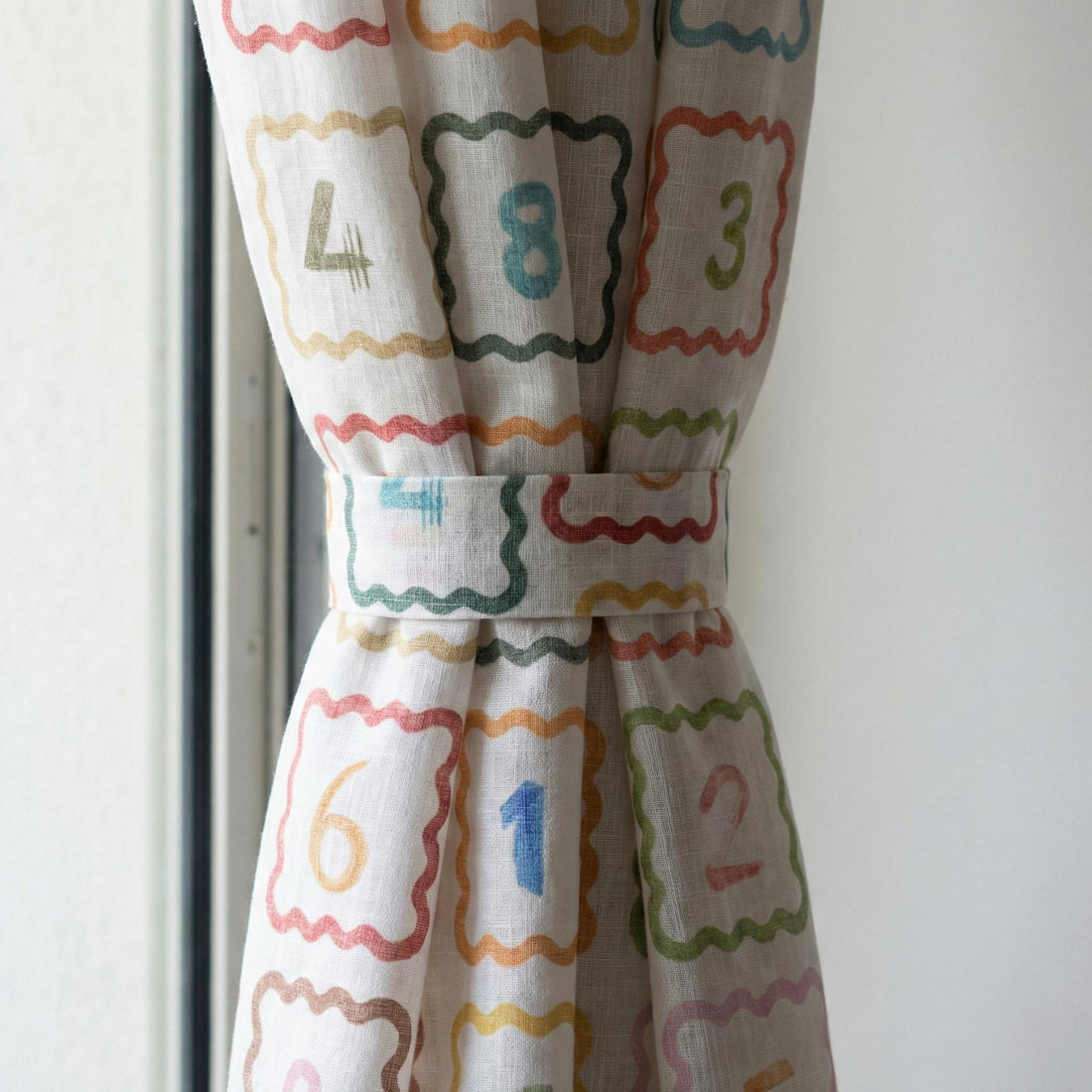 Numbers Print Linen Nursery Curtains, Scallop Frames, Custom Size — image 1