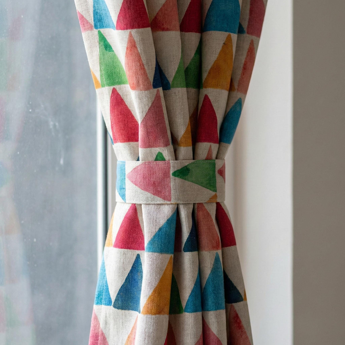 Watercolor Triangle Linen Curtain, Cream Nursery Drapes, Custom Size — image 2
