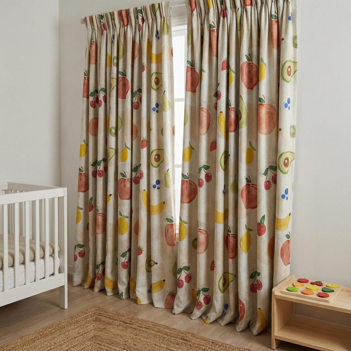 Watercolor Fruit Print Linen Nursery Curtains, Cream Drapes — image 5