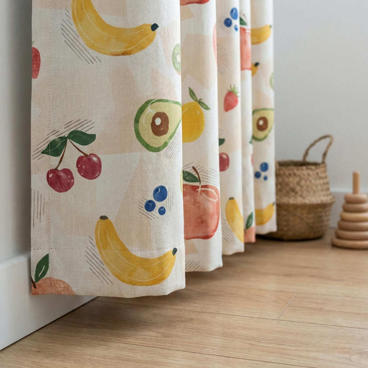 Watercolor Fruit Print Linen Nursery Curtains, Cream Drapes — image 4