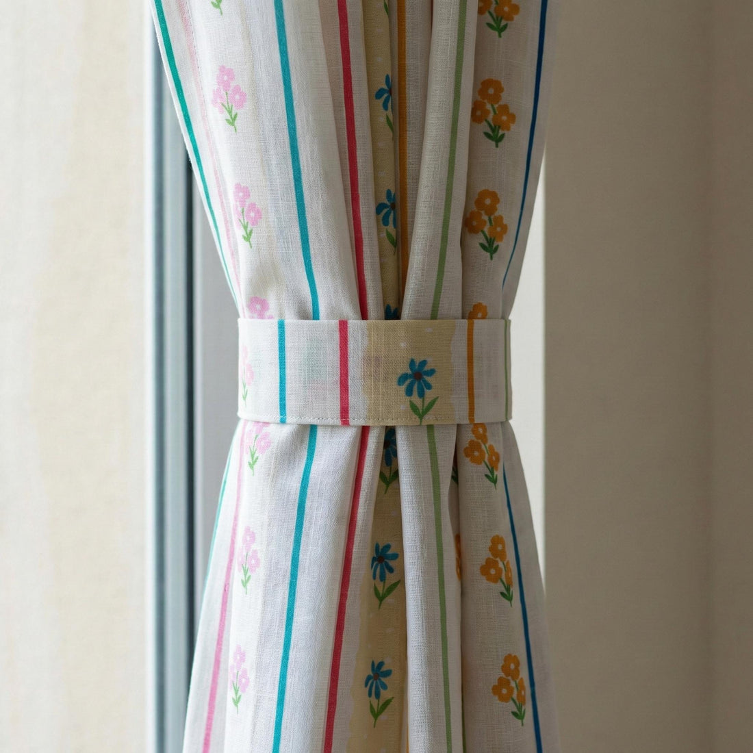 Linen Nursery Curtains, Pastel Stripe Floral Print, Kids Room Drapes — image 1