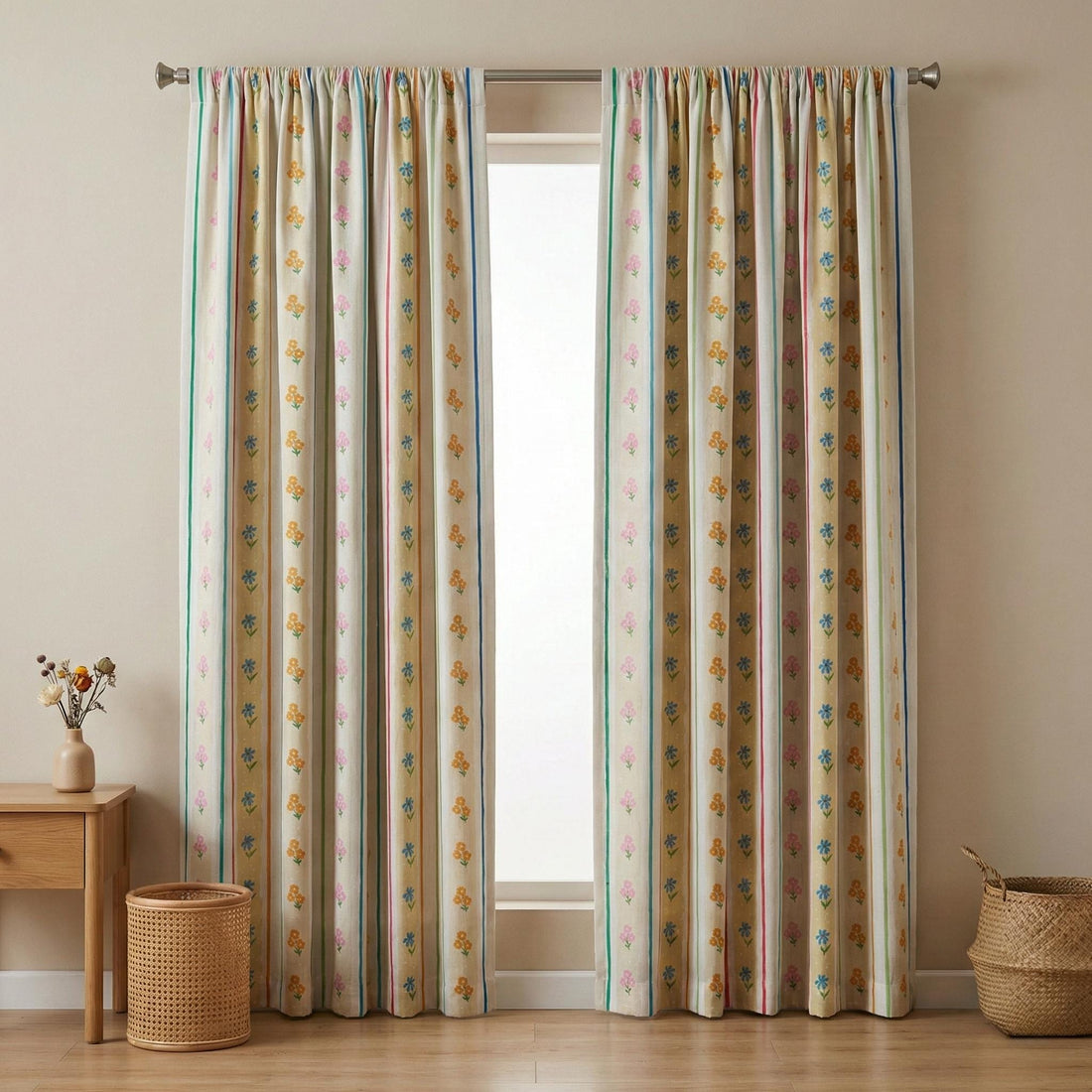 Linen Nursery Curtains, Pastel Stripe Floral Print, Kids Room Drapes — image 1