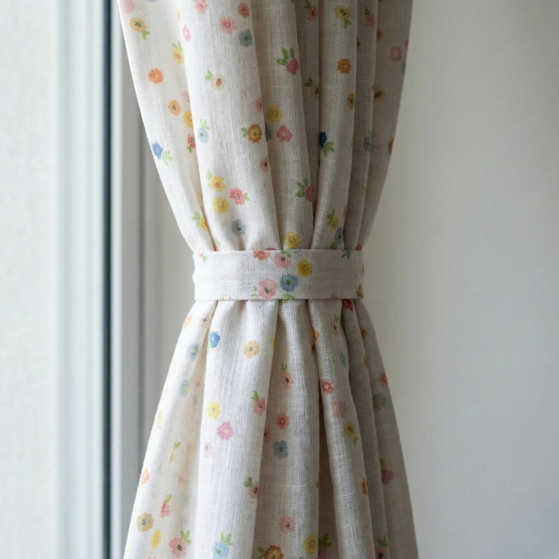 Ditsy Floral Linen Curtain | Pastel Flower Print, Kids Room — image 1