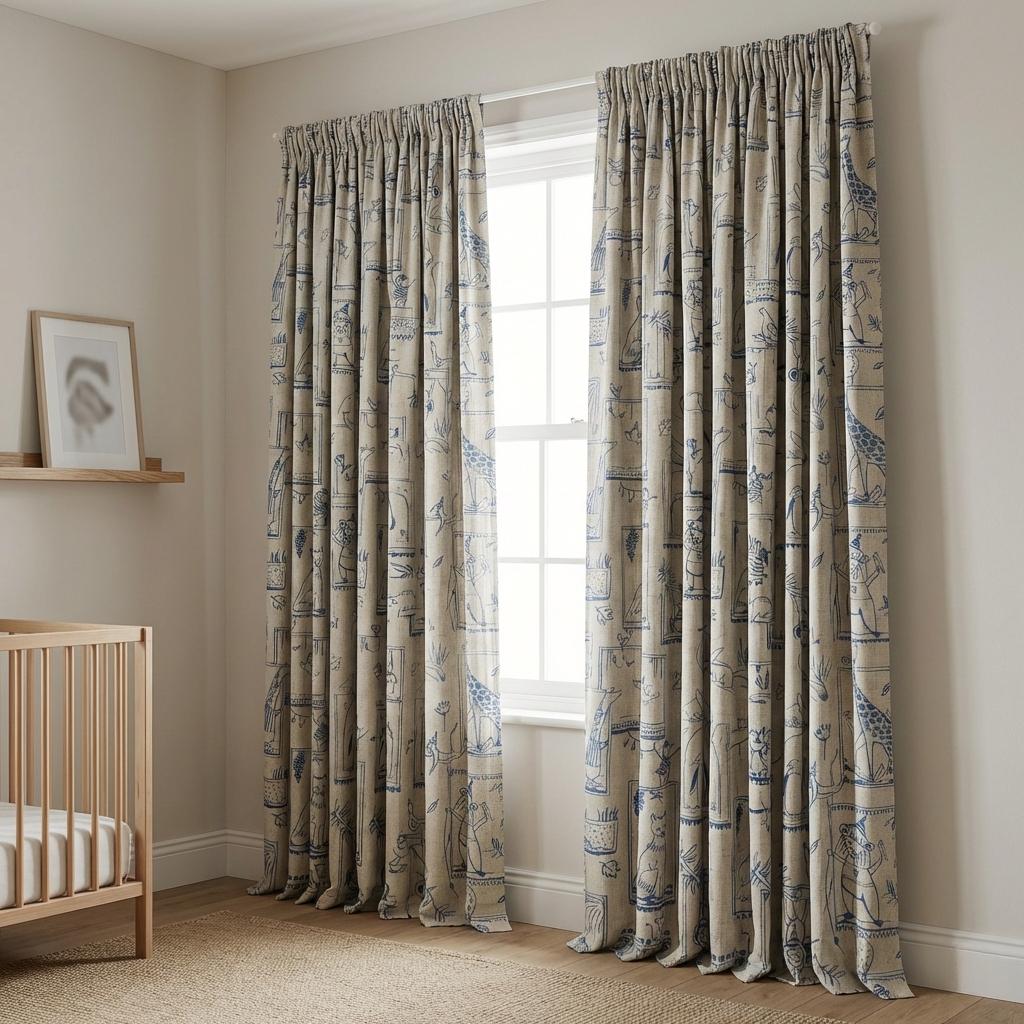 Blue Animal Sketch Linen Nursery Curtains | Flax Linen, Playful Zoo Print — image 6