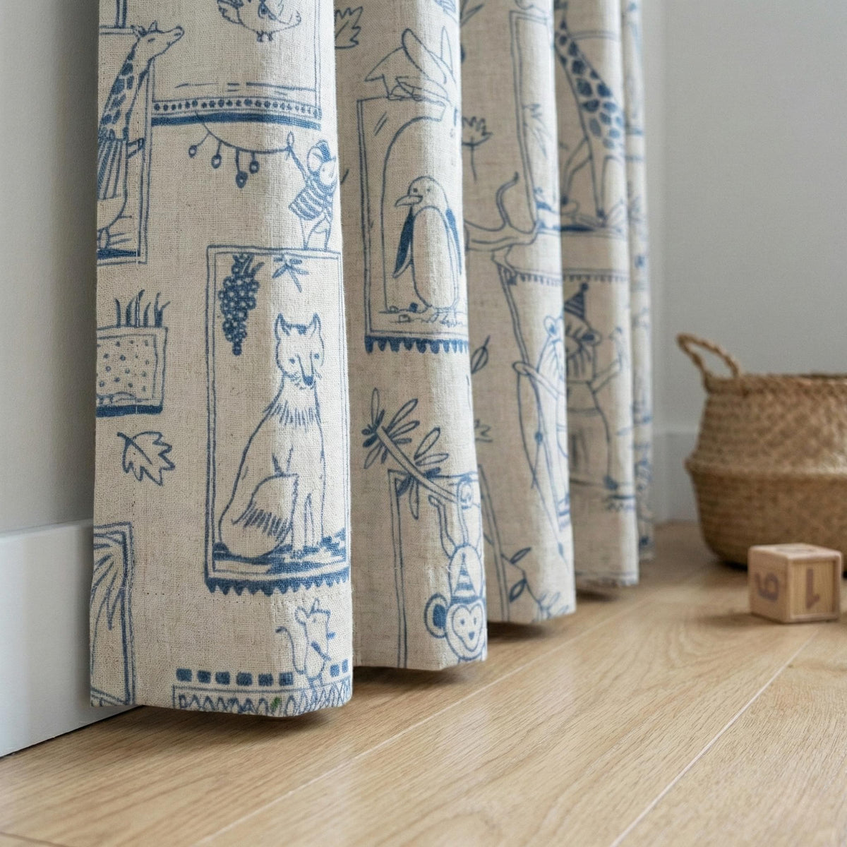 Blue Animal Sketch Linen Nursery Curtains | Flax Linen, Playful Zoo Print — image 4