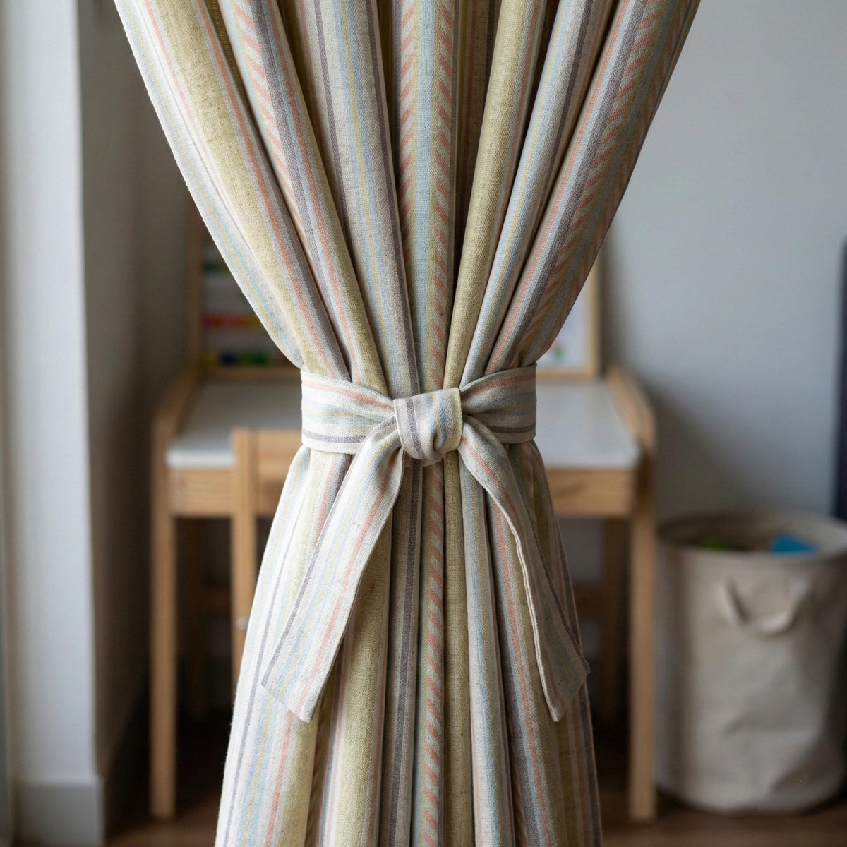 Pastel Stripe Linen Curtains, Oatmeal Nursery Drapes, Cotton or Blackout Liner — image 4