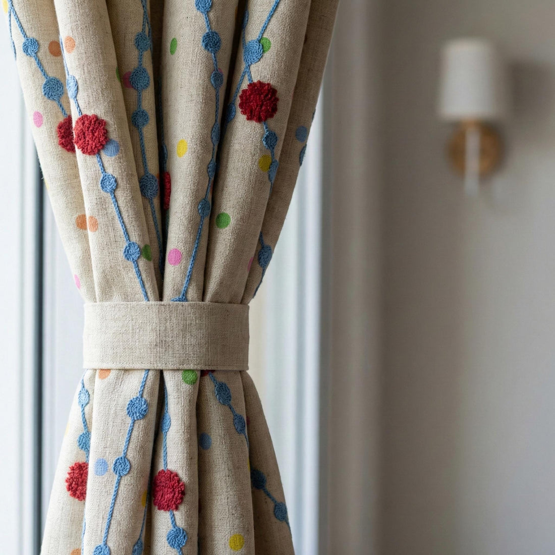 Embroidered Linen Curtains, Polka Dot Vine Design, Nursery Drapes — image 1