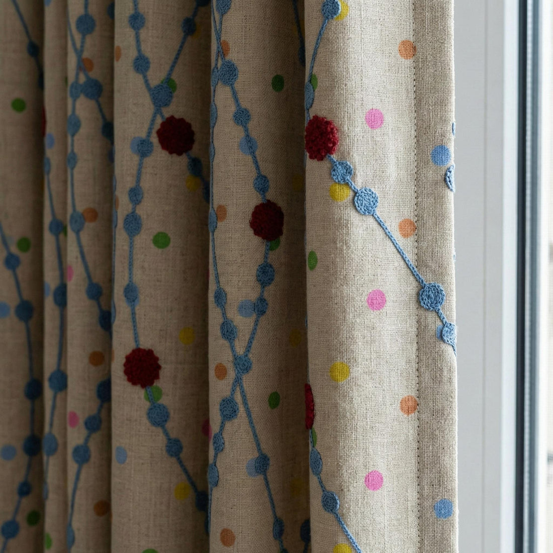 Embroidered Linen Curtains, Polka Dot Vine Design, Nursery Drapes — image 1