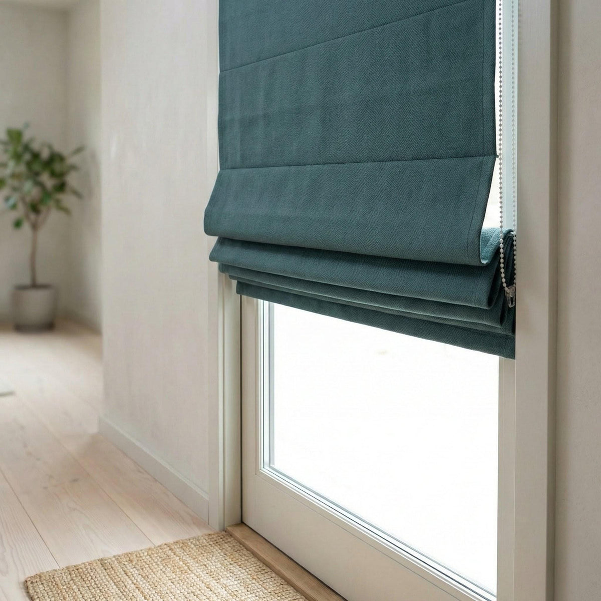 Teal Herringbone Linen Roman Shade, Custom Corded Window Blind, OEKO-TEX — image 4