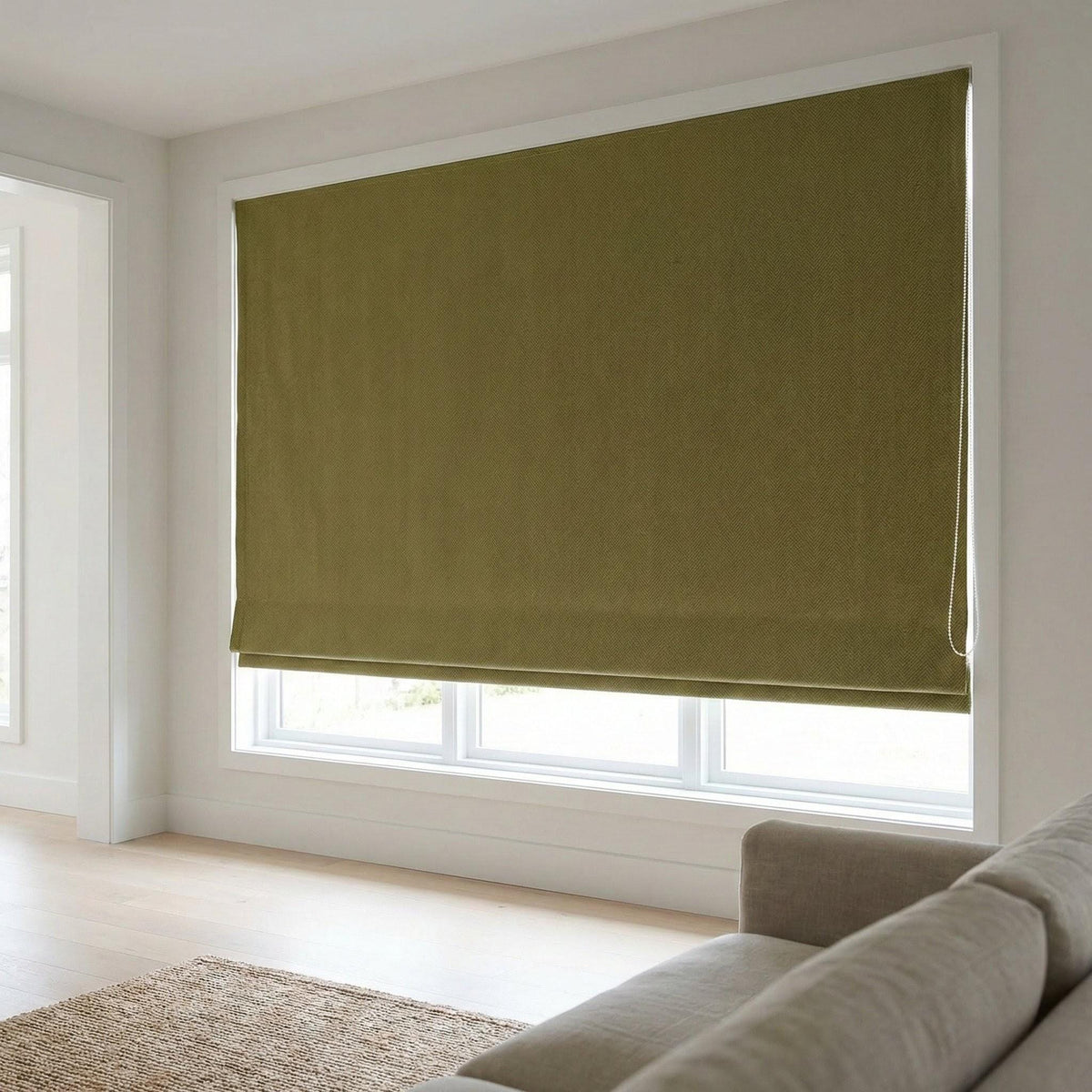 Olive Green Herringbone Linen Roman Shade, Custom Corded Window Blind — image 5