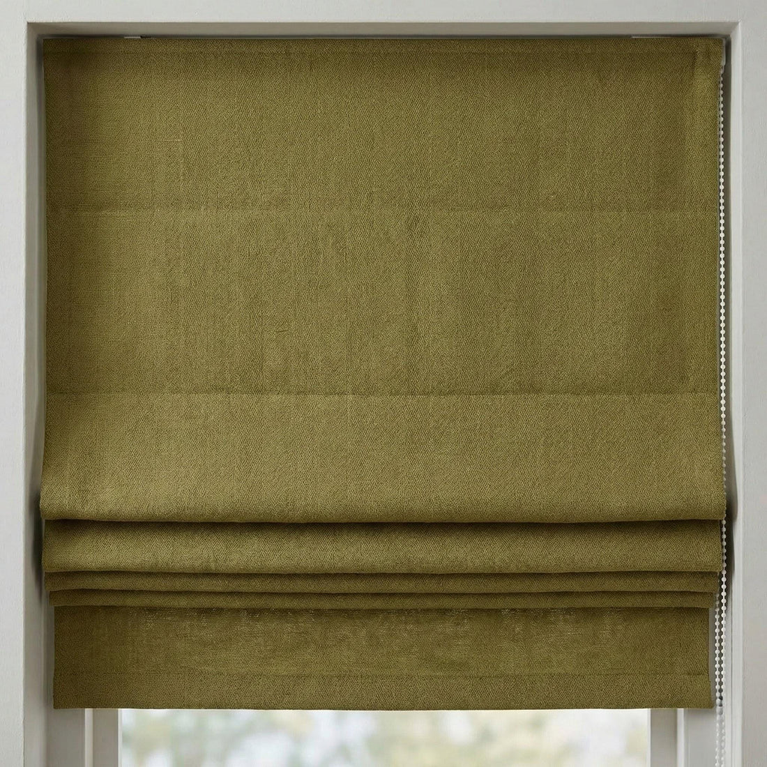 Olive Green Herringbone Linen Roman Shade, Custom Corded Window Blind — image 1