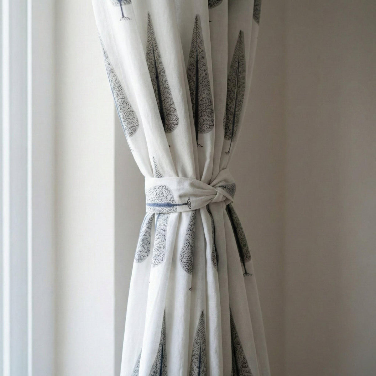 Hand Block Printed Curtains - Organic Cotton, Navy Grey Tree Pattern — image 3