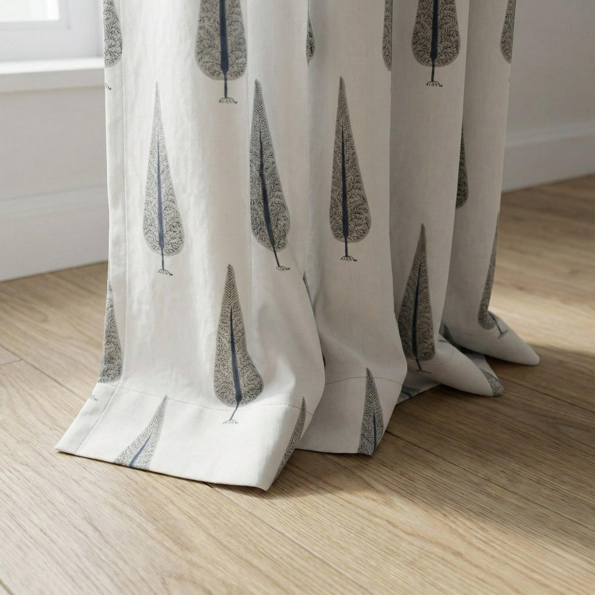 Hand Block Printed Curtains - Organic Cotton, Navy Grey Tree Pattern — image 4