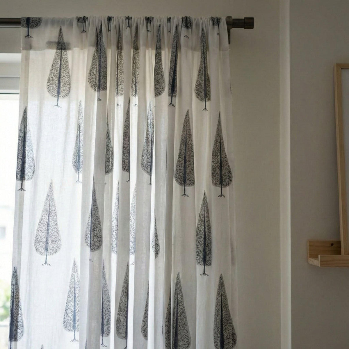 Hand Block Printed Curtains - Organic Cotton, Navy Grey Tree Pattern — image 6