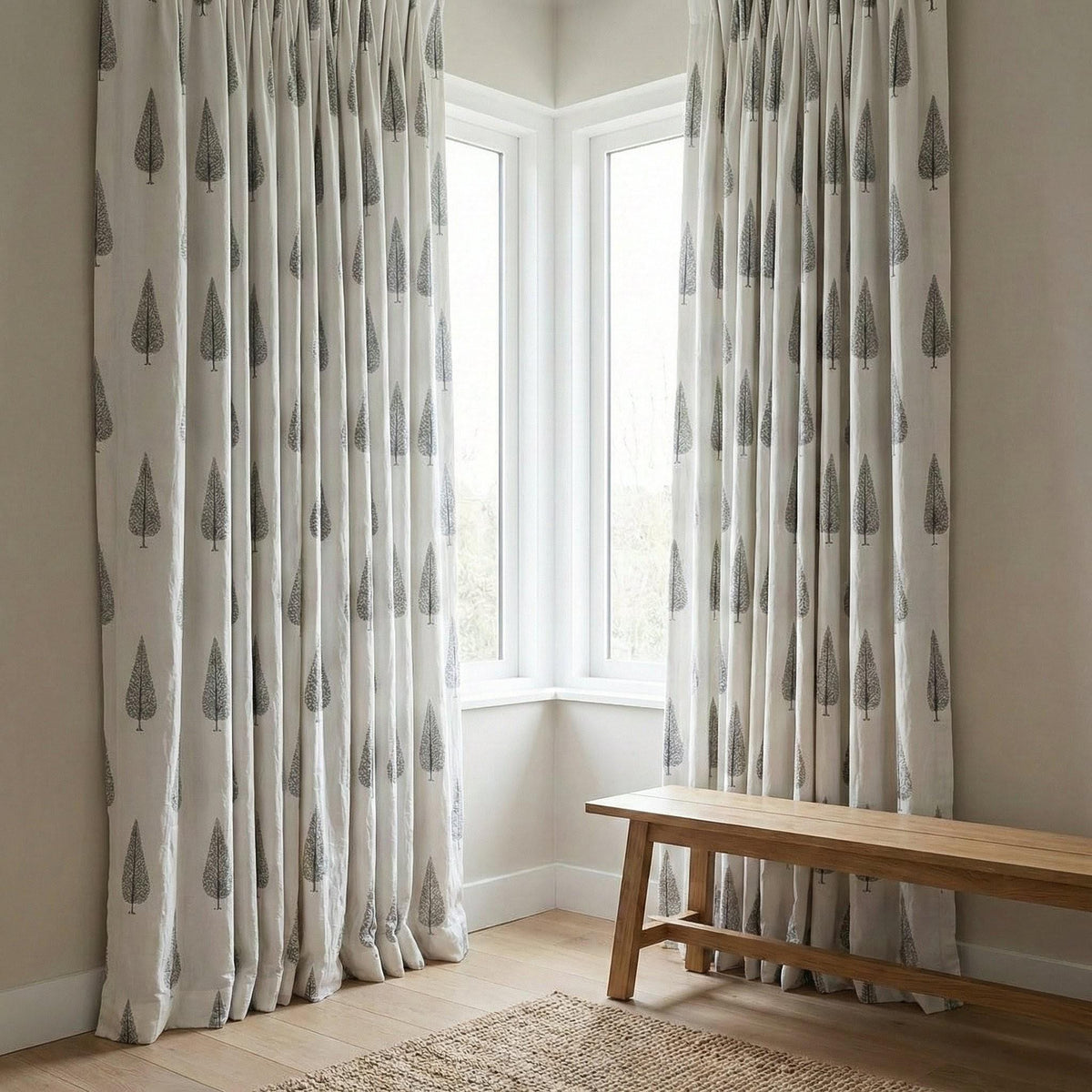 Hand Block Printed Curtains - Organic Cotton, Navy Grey Tree Pattern — image 7
