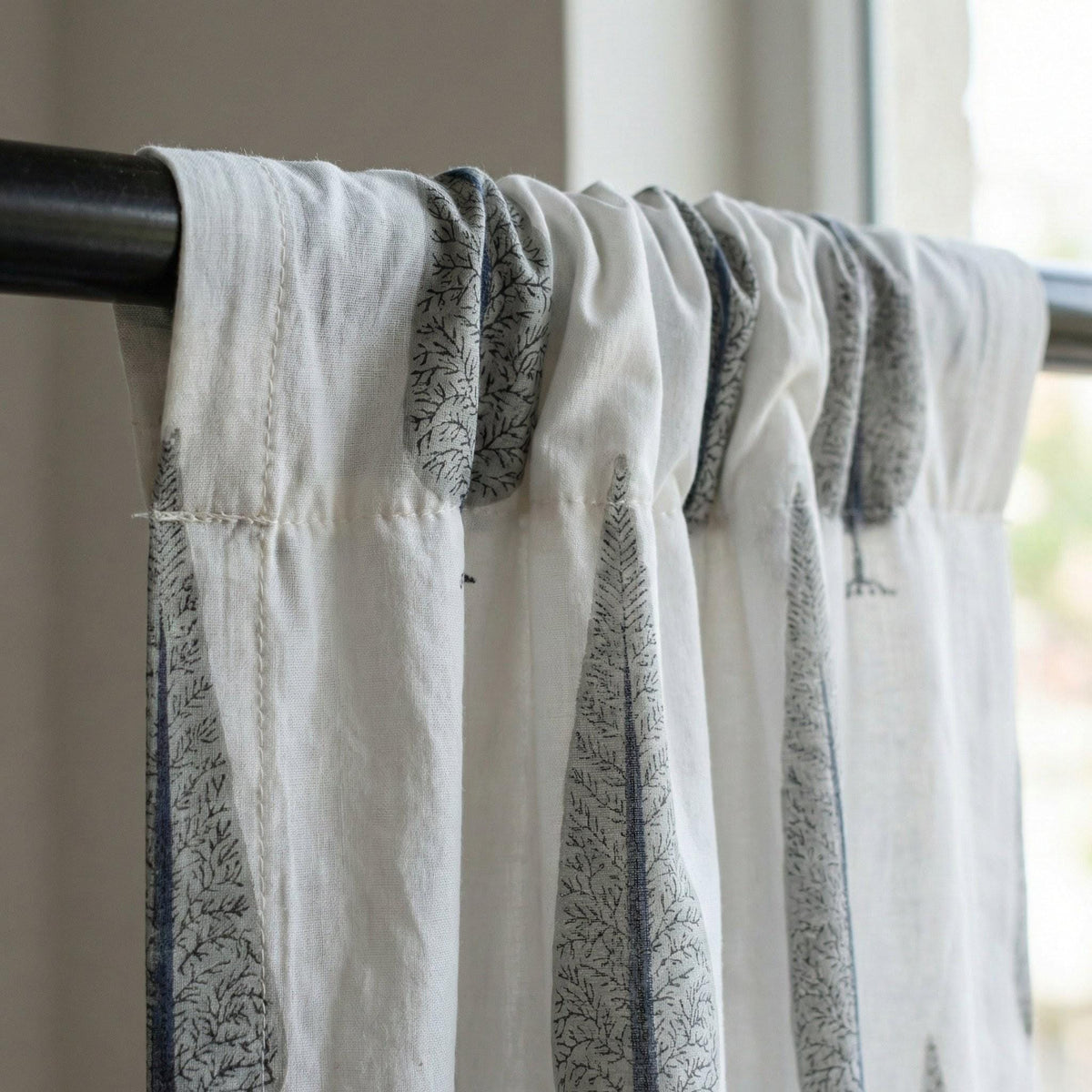 Hand Block Printed Curtains - Organic Cotton, Navy Grey Tree Pattern — image 8