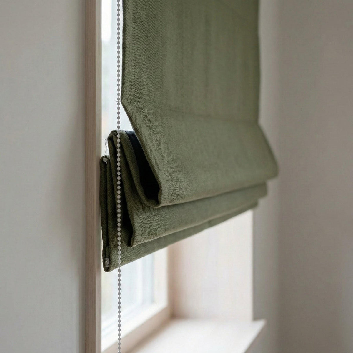 Sage Green Linen Roman Shade, Herringbone Texture, Custom Corded Blind — image 4